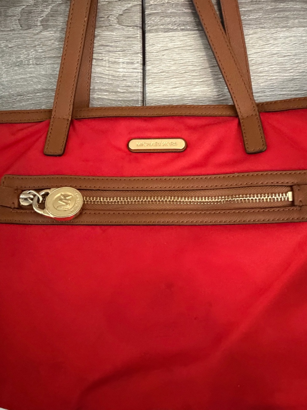 Michael Kors Red Tote with Brown Trim and Gold Hardware
